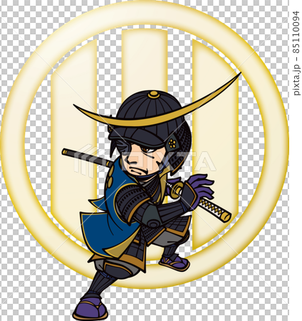 Date Masamune wearing an armor trying to pull out a sword [3 heads and family crests] 85110094