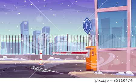Entrance to parking with automatic car barrier Entrance to parking with automatic car barrier 85110474