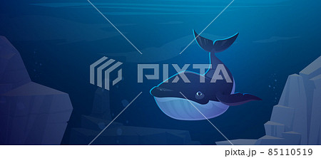 Blue whale swim in ocean space with rocks around Blue whale swim in ocean space with rocks around 85110519