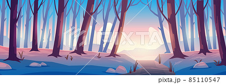 Winter forest with frozen river, trees and snow 85110547
