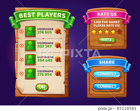 Game menu, wooden gamer ui panel with buttons 85110583