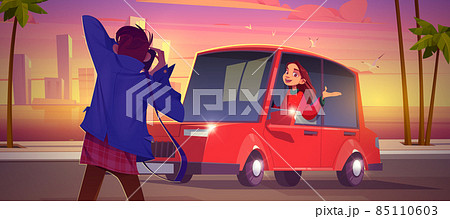 Photographer shoot woman sitting in red sedan car 85110603