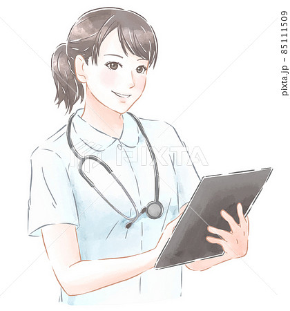 カルテを持つ若くてかわいい看護師の女性 水彩風のイラスト素材