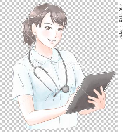 カルテを持つ若くてかわいい看護師の女性　水彩風 85111509