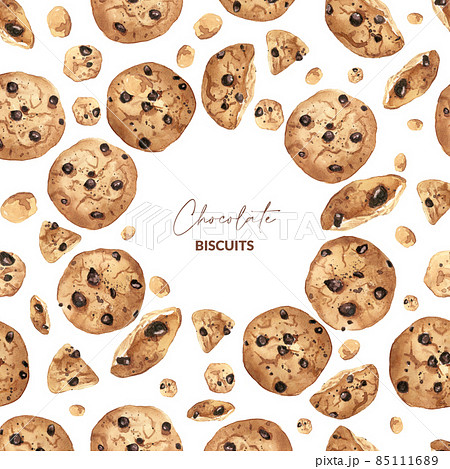 Watercolor biscuits with chocolate. Hand drawn background of baked food on white background. Template of cookies for menu, packaging and greeting card. 85111689