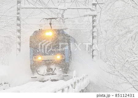 猛吹雪の上越線を走る貨物列車 猛吹雪の上越線を走る貨物列車 85112431