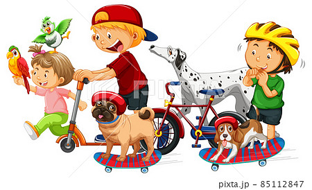 Children with their dogs and cats on white background Children with their dogs and cats on white background 85112847