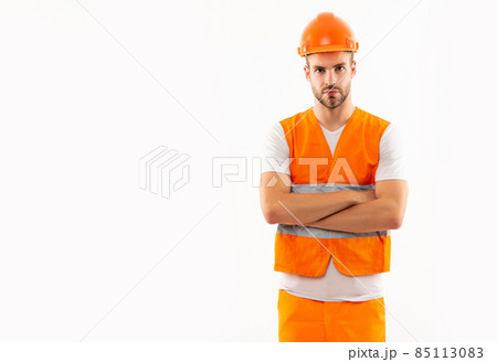 man in orange reflective vest and helmet isolated on white background with copy space, supervisor man in orange reflective vest and helmet isolated on white background with copy space, supervisor 85113083