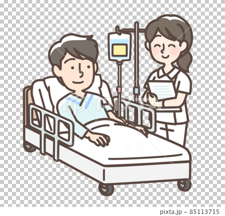 ベッドで点滴を受けている男性と看護師 85113715