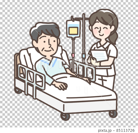 ベッドで点滴を受けている男性と看護師 85113726