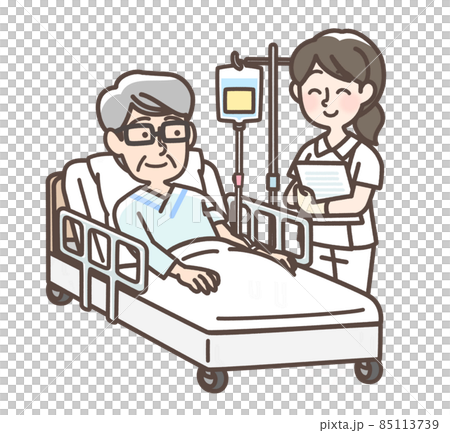 ベッドで点滴を受けている男性と看護師 85113739