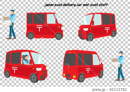 郵便配達員と郵便配達車の素材セットのイラスト素材