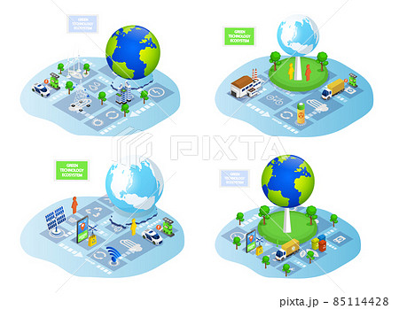 Generating electricity using green technologies illustrations set. Alternative energy producing Generating electricity using green technologies illustrations set. Alternative energy producing 85114428