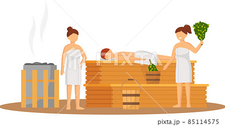 Sauna and steam room. Set of people in sauna. People relax and steam with birch brooms in banya 85114575