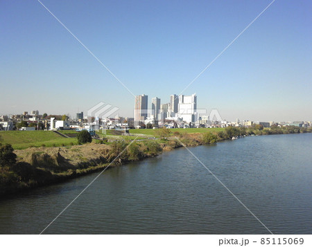 多摩川河川敷 川崎側 武蔵小杉ビル群 多摩川河川敷 川崎側 武蔵小杉ビル群 85115069