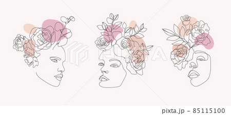 Vector set of women faces, bodies line art illustrations, logos with flowers and leaves, feminine nature concept. Use for prints, tattoos, posters, textile, logotypes, cards etc. 85115100