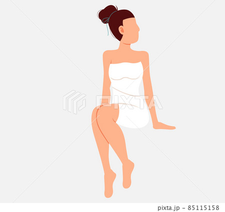 Woman sitting and relaxing in sauna isolated on white. Lady wrapped in white towel in banya 85115158