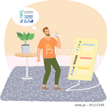 Young man drinking water from bottle, standing in living room on carpet. Daily hydration concept 85115206