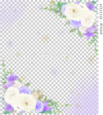 美麗的白玫瑰花和紫色花邀請卡與雪花背景垂直水彩風格框架矢量插圖素材 85115324
