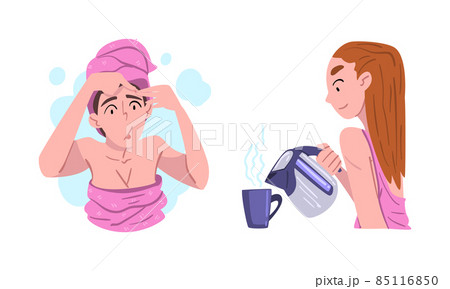 Young Woman with Towel on Her Head Grooming and Brewing Hot Tea in the Morning Engaged in Daily Routine Activity Vector Set Young Woman with Towel on Her Head Grooming and Brewing Hot Tea in the Morning Engaged in Daily Routine Activity Vector Set 85116850