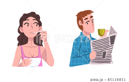 Young Woman Having Breakfast and Man Reading Newspaper and Drinking Coffee in the Morning Engaged in Daily Routine Activity Vector Set 85116851