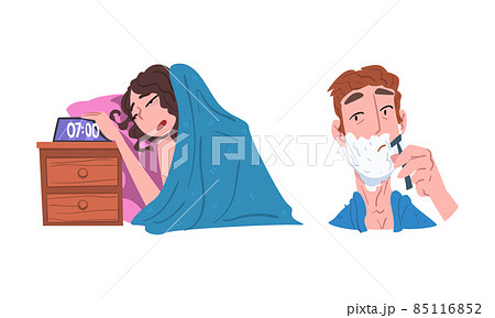 Young Man Shaving and Sleepy Woman Getting Up with Alarm Clock in the Morning Engaged in Daily Routine Activity Vector Set 85116852