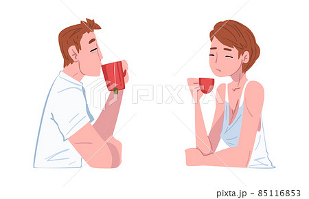 Young Man and Woman Drinking Cup of Tea or Coffee in the Morning Engaged in Daily Routine Activity Vector Set Young Man and Woman Drinking Cup of Tea or Coffee in the Morning Engaged in Daily Routine Activity Vector Set 85116853