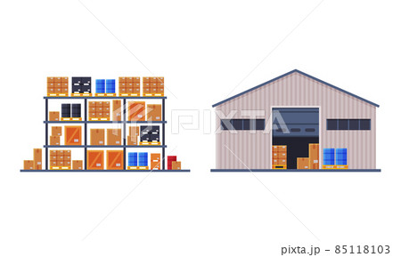 Warehouse and Rack with Crate and Box as Freight Delivering Service Vector Set 85118103