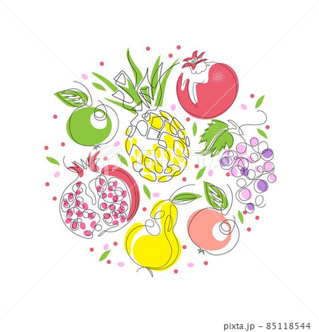 Pineapple, pomegranate, grapes, pears and apples. One line drawing. Minimalistic graphics. Pineapple, pomegranate, grapes, pears and apples. One line drawing. Minimalistic graphics. 85118544