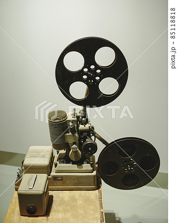 Vintage movie projector. Film reels. Black and white. Still life, close-up  Stock Photo