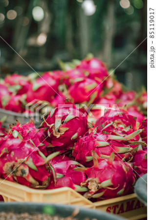 Close up Shot of exotic pink Dragon fruit in Cyprus with green leaves, tropical Close up Shot of exotic pink Dragon fruit in Cyprus with green leaves, tropical 85119017