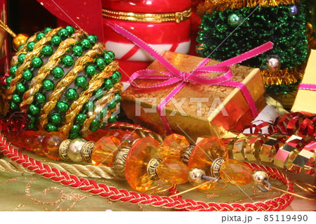 Christmas Decorations Bows, Balls and Beads Close up Christmas Decorations Bows, Balls and Beads Close up 85119490