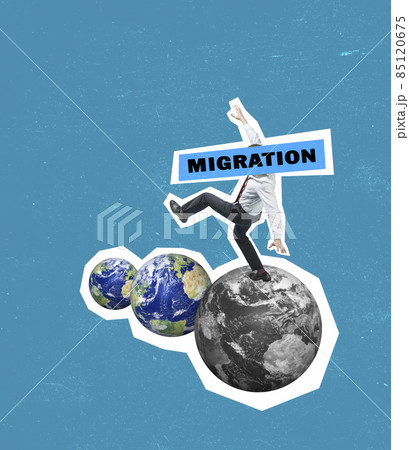 Young business man in office suit jumping from one planet to another. Contemporary art collage. International migration 85120675