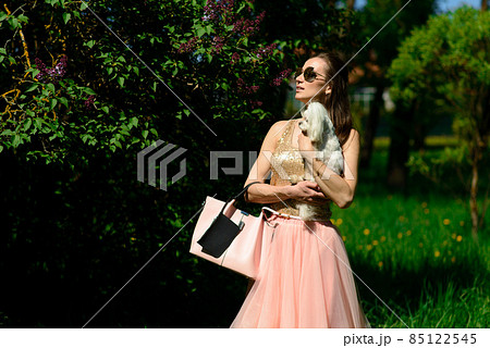 Puppy white dog with it's owner. Concept about friendship, animal and freedom. 85122545
