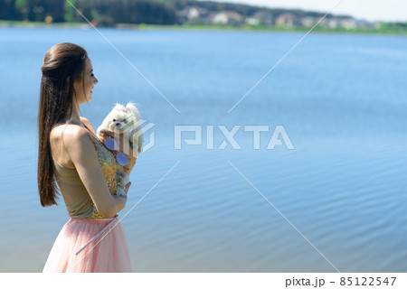 Puppy white dog with it's owner. Concept about friendship, animal and freedom. Puppy white dog with it's owner. Concept about friendship, animal and freedom. 85122547