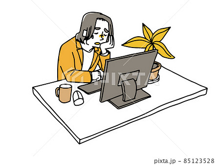 仕事で煮詰まっている男性　ビジネスタスクで過負荷の会社員　ゆるい線画の人物イラスト 85123528