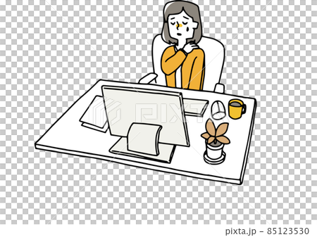 長時間パソコンをしているため肩こりがひどい女性　仕事によるストレス　ゆるい線画の人物イラスト 85123530