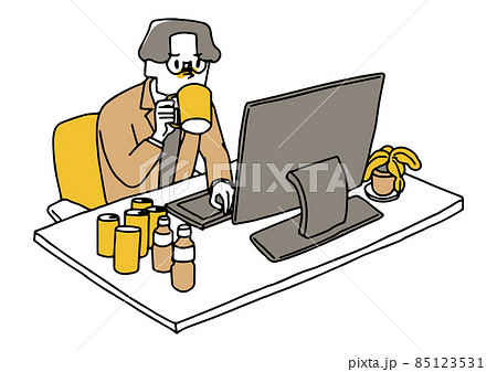 カフェインを大量に摂取し仕事を続ける男性　深夜に及ぶ残業　やりがい搾取　ゆるい線画の人物イラスト 85123531