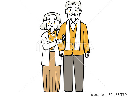 カジュアルなファッションに身を包み腕を組む高齢夫婦 おしゃれで幸福なライフスタイル ゆるい線画の人物のイラスト素材
