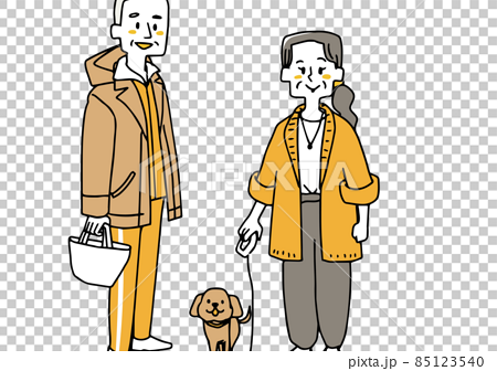 カジュアルなファッションで犬の散歩をする老夫婦 おしゃれで幸福なライフスタイル ゆるい線画のイラスト素材