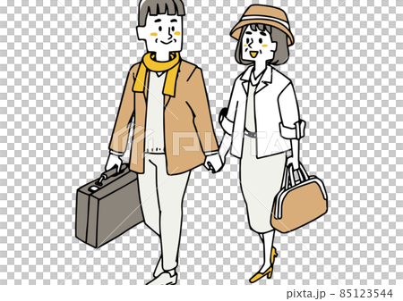 一對享受時尚旅行的老年夫婦，享受幸福的生活方式，一個人的鬆散線條 85123544