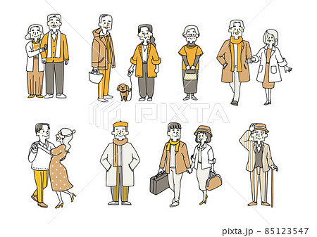 カジュアルでおしゃれなファッションを楽しむ老人と老夫婦のセット　ゆるい線画の人物イラスト 85123547