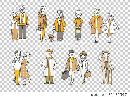 カジュアルでおしゃれなファッションを楽しむ老人と老夫婦のセット　ゆるい線画の人物イラスト 85123547