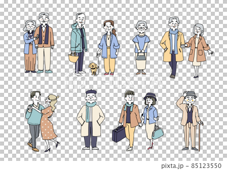 カジュアルでおしゃれなファッションを楽しむ老人と老夫婦のセット　ゆるい線画の人物イラスト 85123550