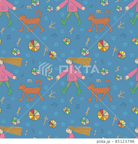 Dynamic seamless pattern with girl and dog on blue background. Hand drawn doodle style vector illustration. 85123796
