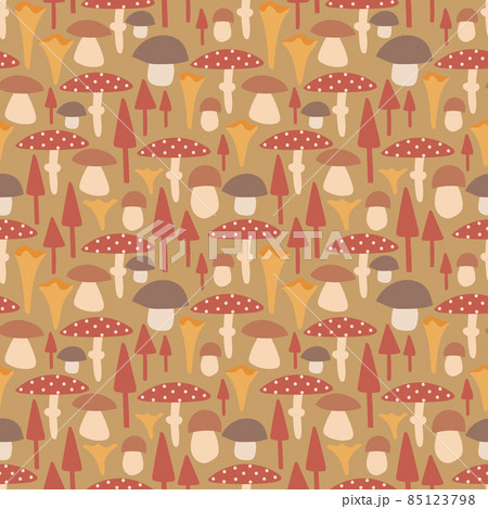 Mushrooms endless background. Decorative seamless pattern on yellow background. 85123798