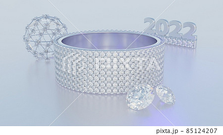 New Year postcard with diamonds, jewelry, ring and 2022 keychain as well as a diamond decorated icosahedron, 3D rendering New Year postcard with diamonds, jewelry, ring and 2022 keychain as well as a diamond decorated icosahedron, 3D rendering 85124207