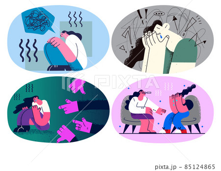 Set of unhappy girl cry stress suffering from bullying Set of unhappy girl cry stress suffering from bullying 85124865