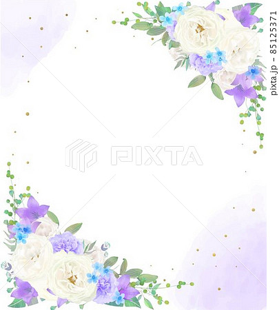 美しい白いバラの花と紫色の花とブルースターのゴールドが散りばめられた水彩画風フレームベクターイラスト 美しい白いバラの花と紫色の花とブルースターのゴールドが散りばめられた水彩画風フレームベクターイラスト 85125371
