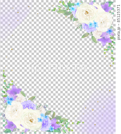 美しい白いバラの花と紫色の花とブルースターのゴールドが散りばめられた水彩画風フレームベクターイラスト 美しい白いバラの花と紫色の花とブルースターのゴールドが散りばめられた水彩画風フレームベクターイラスト 85125371